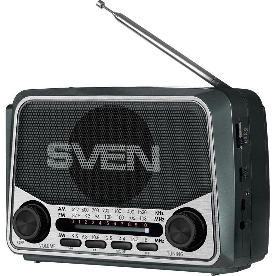 Sven Głośnik SRP-150 szary (3W, Bluetooth, FM/AM/SW, USB, microSD, latarka, bateria) (AM, FM, Bluetooth), Radio, Grigio