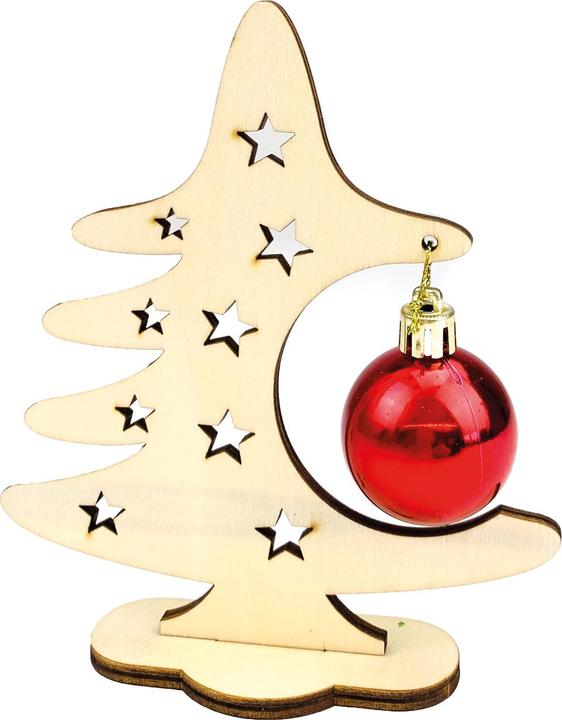 Albero di Natale artigianale in legno con gingilli natalizi