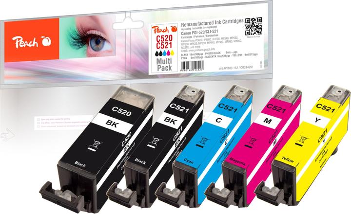 Image du produit Peach Encre PGI-520/CLI-521 Multi-Pack Noir/Cyan/Magenta/Jaune (M, C, Y, CF)