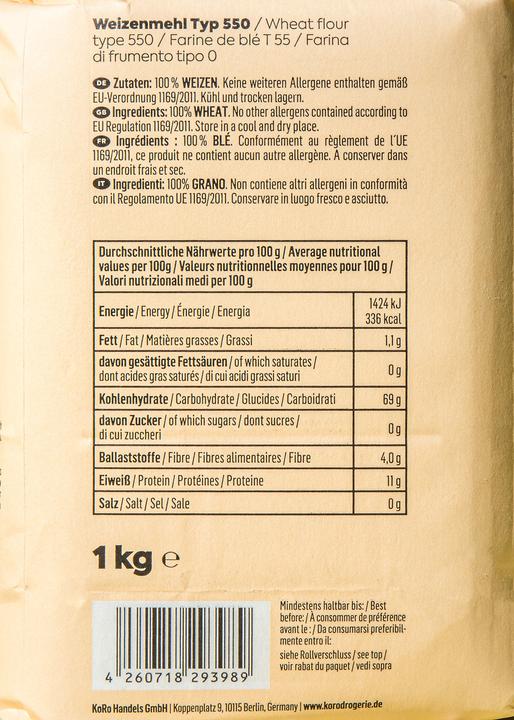 Nährwerte und Zutaten KoRo Weizenmehl Typ 550 (1000 g)
