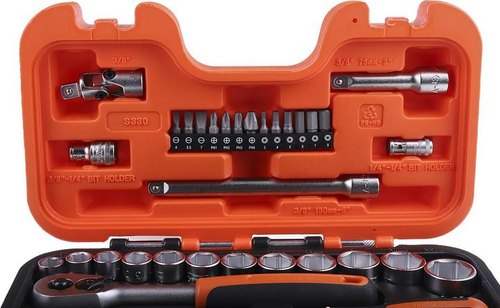 Actual product image Bahco 1/4"- und 3/8"-Steckschlüssel-Satz, metrisch, Sechskant, inklusive Umschaltknarre - 34-teilig (3/8")