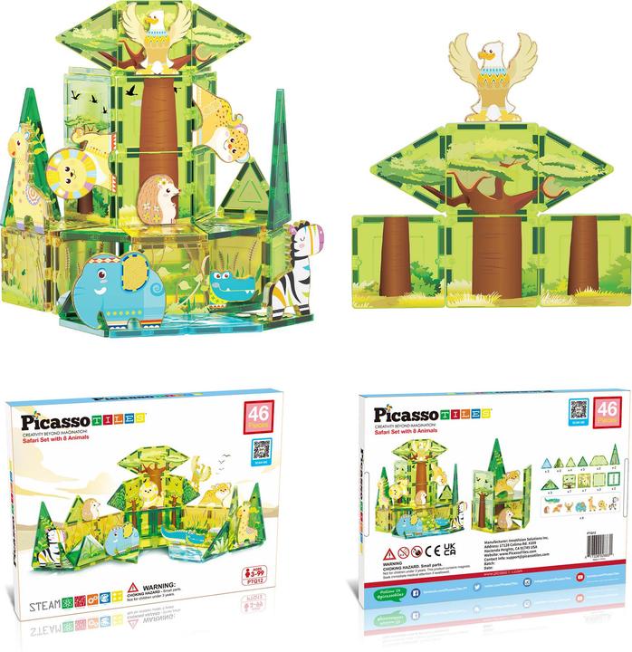 Productafbeelding PicassoTiles Picasso Tiles - Safari themed set with 8 animals (46 pcs) (PTQ12)