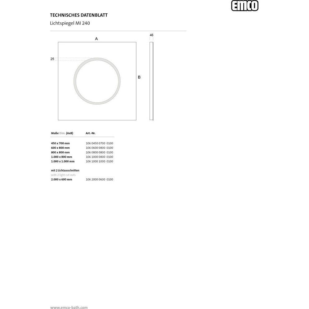 Thumbnail - Emco, Spiegelschrank, MI 240 LED-Lichtspiegel, 1 Lichtausschnitt rund, verdeckter Sensorschalter, 106