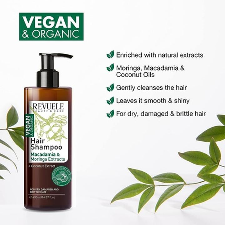 Actual product image Revuele Vegan and Organic Hair Shampoo 400ml Moisturizing Smoothing Treatment with Macadamia, Moring (400 ml, Liquid shampoo)