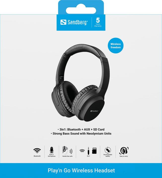 Actual product image Sandberg Play'n Go Headphones with Microphone (No noise cancellation, 5 h, Cable, Wireless)