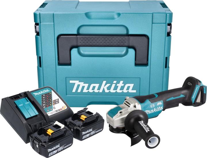 1x smerigliatrice angolare a batteria Makita DGA 520, 1x impugnatura laterale 36 cpl. (158237-4), 1x coperchio di protezione 125 mm (347618-9), 2x batteria ricaricabile Makita BL 1850 B 18 V 5.0 Ah, 1x caricatore Makita DC 18 RC, 1x valigetta Makita Makpac
