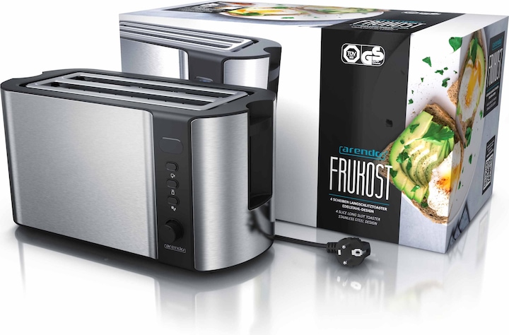 Produktbild Arendo Edelstahl Toaster 4 Scheiben Langschlitz, Doppelwand, Brötchenaufsatz, Display mit Restzeitanzeige