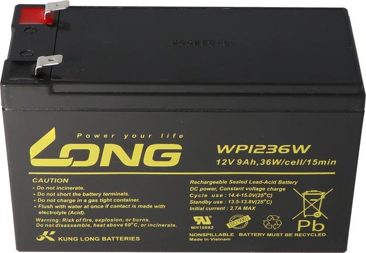Actual product image Kung Long Battery WP1236W, 6.3mm Faston plug-in contact Tab 250 (12 V, 9 Ah)