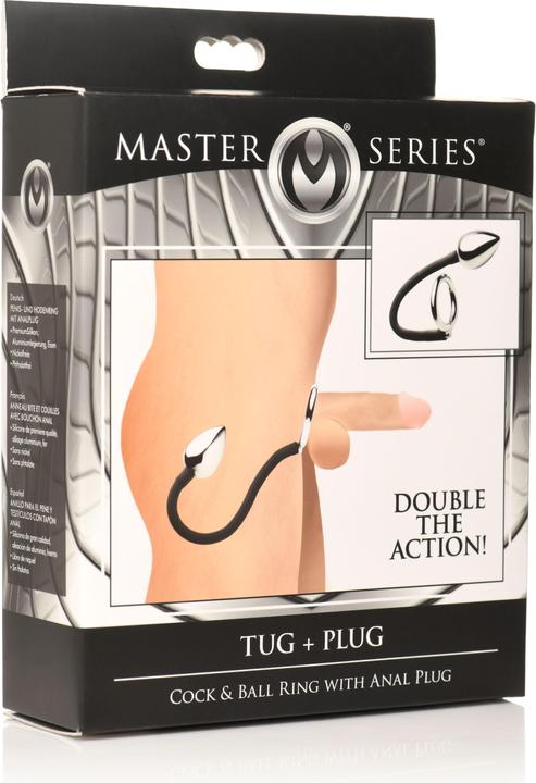 Produktbild Master Series XR Brands Tug + Plug Penis und Hodenring mit Analplug Schwarz & Silber (5 cm)
