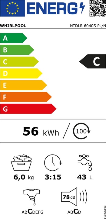 Energy Label Whirlpool Pralka NTDLR 6040S PL/N (6 kg, Upwards)