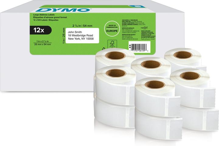 Dymo LW retouretiketten groot pak. 2Rl 500st/rol (2.50 cm)