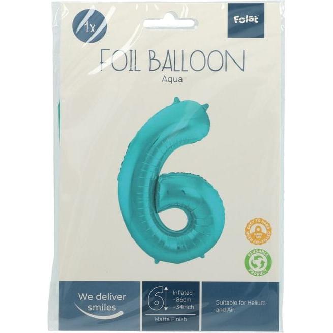 Thumbnail - Folat Folienballon Nummer 6 Pastell Aqua Metallic Matt -