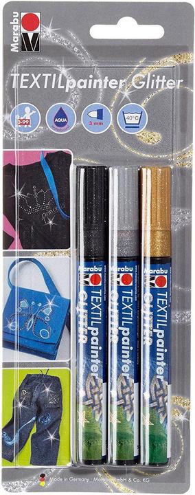 Marabu Textilstift Painter Glitter (Gold, Silber, Schwarz, 3 mm, 3 x)