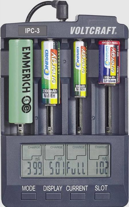 Actual product image Voltcraft IPC-3 + HR03 SE + HR6 SE Round cell charger LiIon, NiCd, NiMH 10440, 14500, 16340, 16650, 17355 (1 pcs., 10440, 14500, 16340, 16650, 17355, 17500, 17670, 18490, 18500, 18650, 22650, 26500, 26650, A, AA, AAA, RCR123A, Sub-C, Battery + charger)