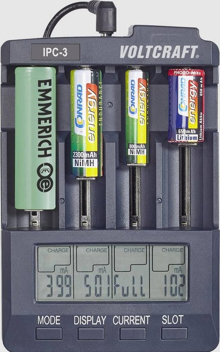 Actual product image Voltcraft IPC-3 + HR03 SE + HR6 SE Round cell charger LiIon, NiCd, NiMH 10440, 14500, 16340, 16650, 17355 (1 pcs., 10440, 14500, 16340, 16650, 17355, 17500, 17670, 18490, 18500, 18650, 22650, 26500, 26650, A, Sub-C, RCR123A, AA, AAA, 2750 mAh, Battery + charger)
