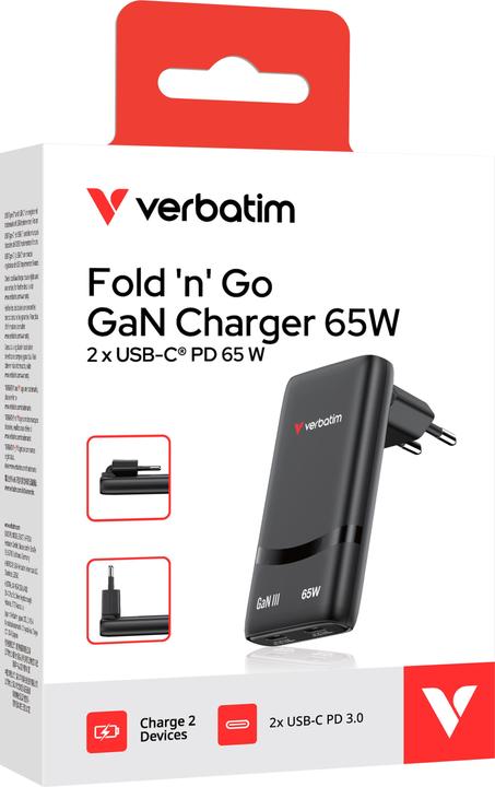 Productafbeelding Verbatim GaN III Fold 'n' Go Charger 2 Port 65W USB-C black (65 W)