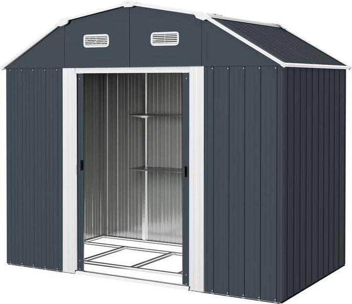 Actual product image Swisshandel24 Gerätehaus Stahl 2,7m² UV-Schutz 2 Schiebetüren Regal Fundament Dunkelgrau 238x132x198,5cm