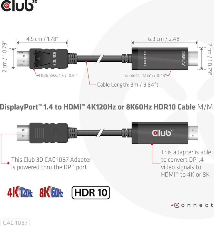 Actual product image Club 3D HDMI (Typ A) — DisplayPort (3 m, DisplayPort, 2.1)