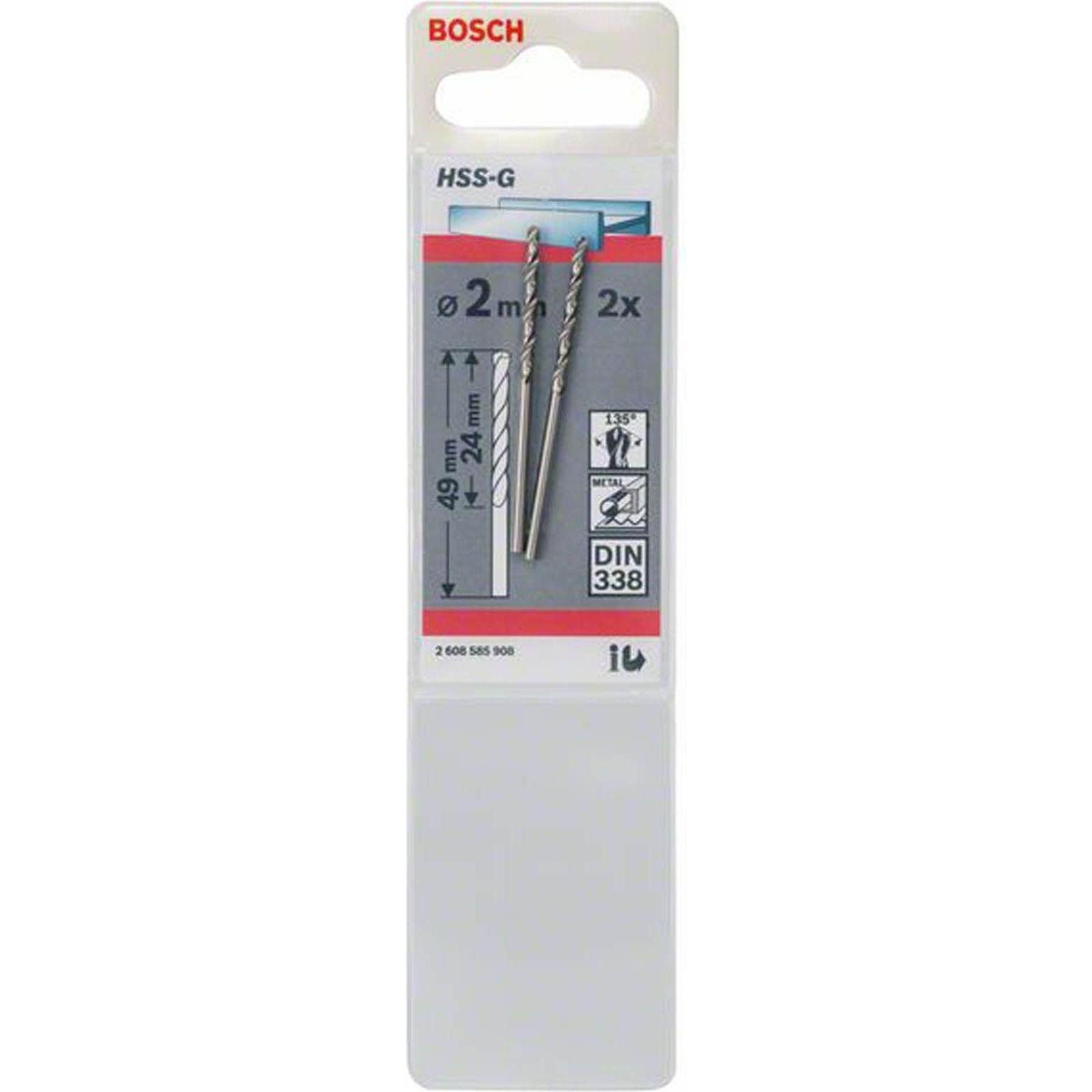 Bosch Professional Zubehör, Bohrereinsatz, Metallbohrer HSS-G, DIN 338, 2 x 24 x 49 mm, 2er-Pack (2 mm)
