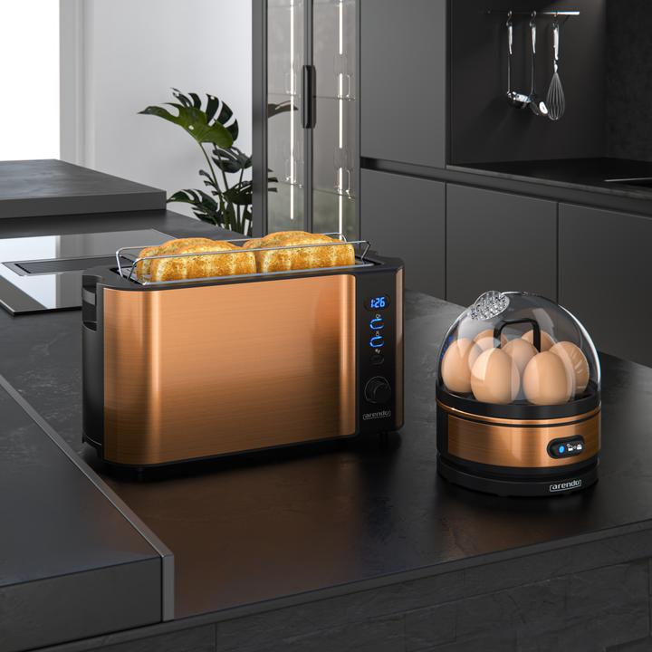 Actual product image Arendo Breakfast set, 4-slice long slot toaster with bread roll top & egg boiler for 7 eggs, copper