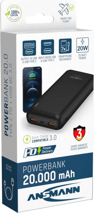 Image du produit Ansmann Banque d'alimentation 20 000 mAh PB320PD USB-C On/Off (20000 mAh, 20 W, 74 Wh)