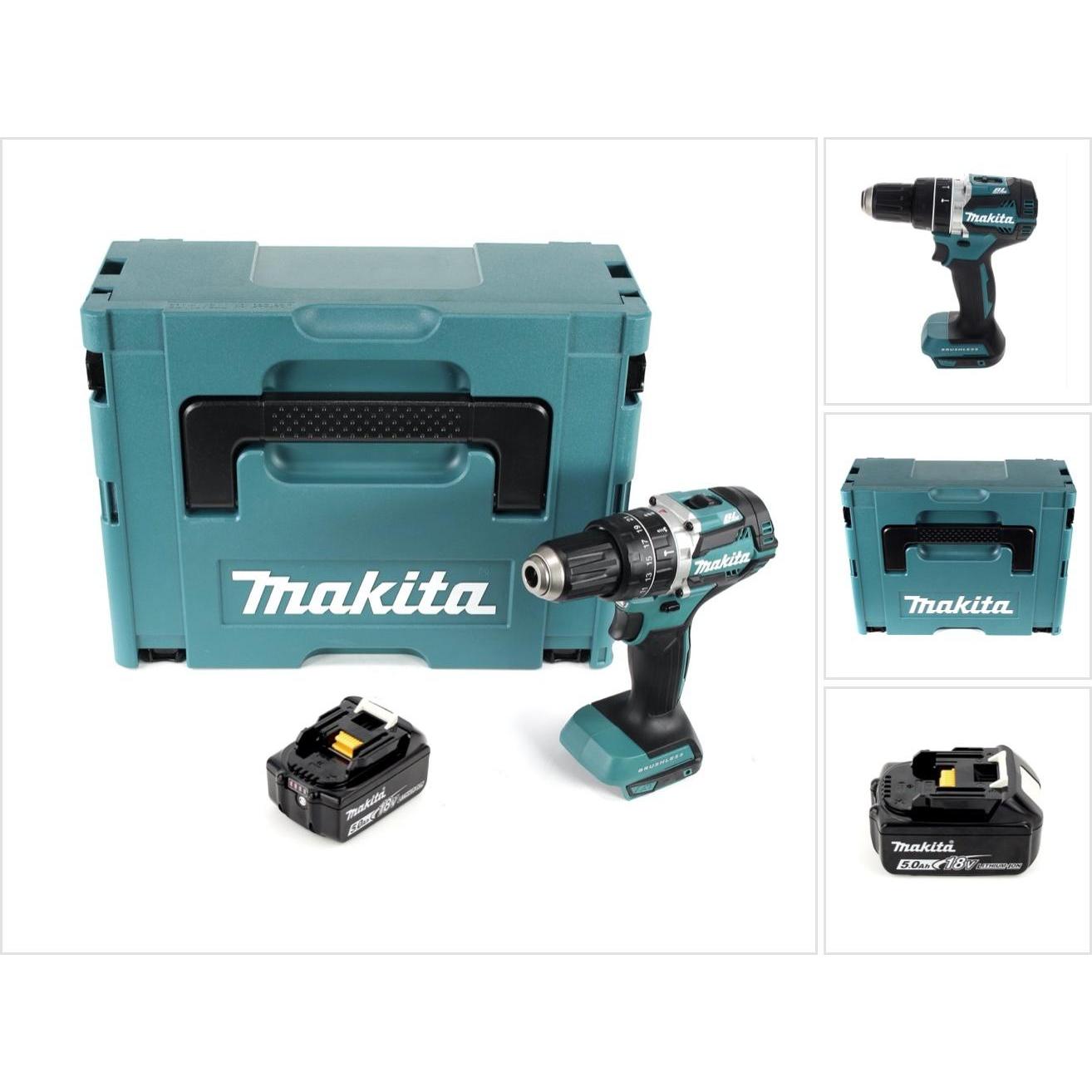 Makita, Bohrmaschine + Akkuschrauber, DHP 484 T1J Akku Schlagbohrschrauber 18 V 54 Nm Brushless + 1x Akku 5,0 Ah + Makpa...