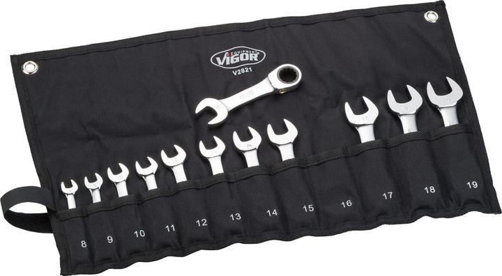 Produktbild Vigor Ratschen-Ring-Maulschlüssel Satz ∙ kurz ∙ V2821 ∙ Aussen Sechskant Profil, Aussen Doppel-Sechsk… (15 mm, 16 mm, 17 mm, 18 mm, 19 mm, 9 mm, 10 mm, 11 mm, 12 mm, 13 mm, 14 mm, 8 mm)