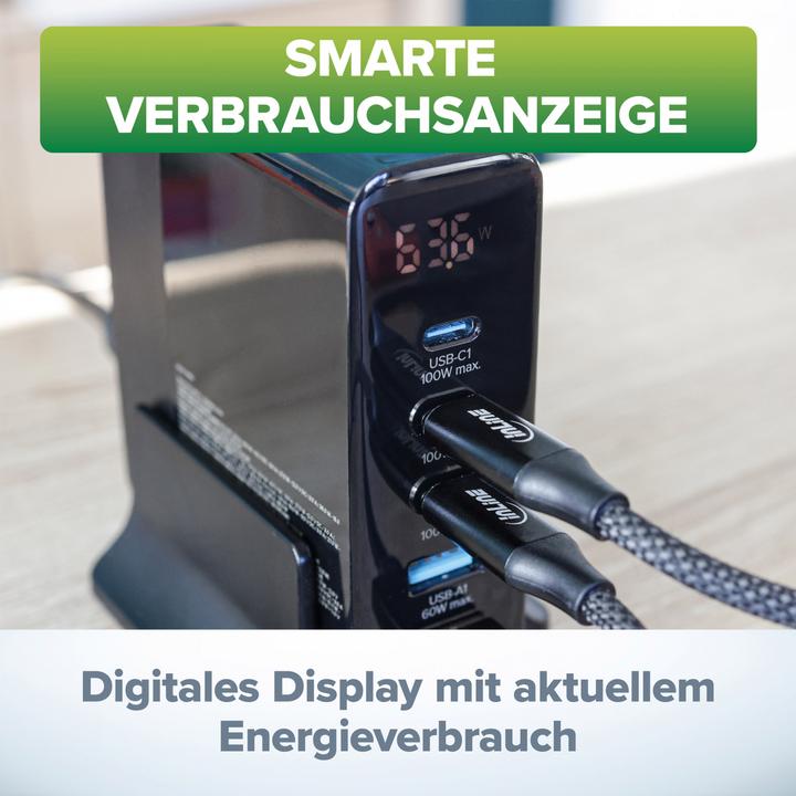 Actual product image InLine USB PD power supply, GaN charger, 5-port, USB-C + USB-A, 140W, with display, black (140 W)