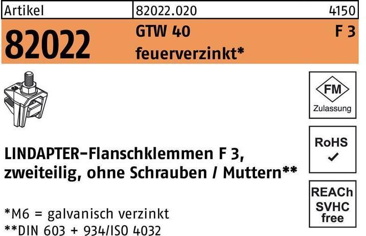 Produktbild Lindapter Flanschklemme R 82022 GTW 40 F 3 M 10 / 30 feuerverzinkt (1 m)