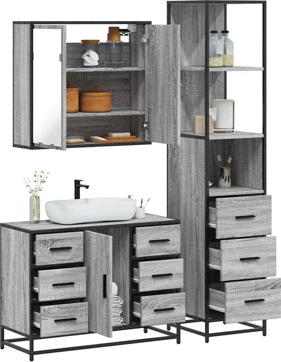 Produktbild VidaXL 3-tlg. Badmöbel-Set Grau Sonoma Holzwerkstoff Badezimmermöbel-Set