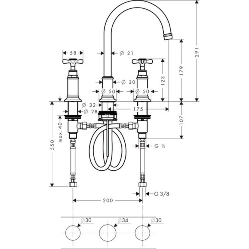 Thumbnail - hansgrohe, Badarmatur, 3-L Waschtischarmatur 180 AXOR MONTREUX DN 15 m ZAG 1 1/4" brushed black chrome