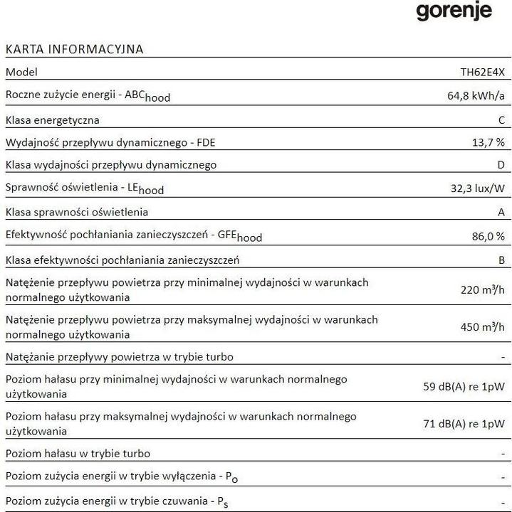 Nutritional values and ingredients Gorenje TH62E4X Dunstabzugshaube Halb eingebaut (Pullout) Edelstahl ³/h C (Flat-screen hood)
