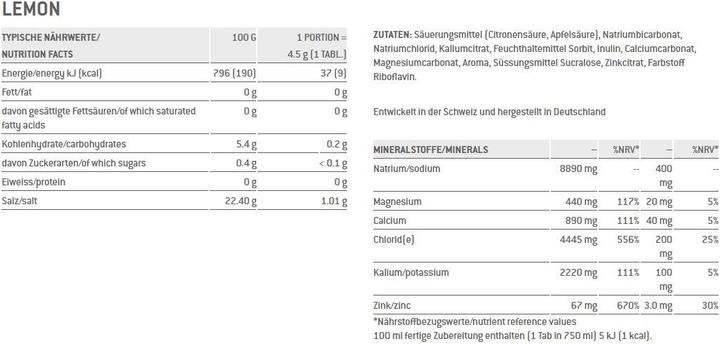 Valori nutrizionali e ingredienti Sponser Elettroliti (Limone, 12 pz., 540 g)