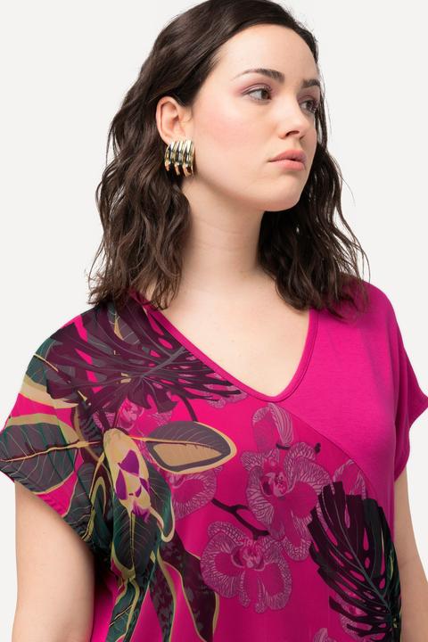 Produktbild Ulla Popken Jerseykleid, Chiffon, Blüten, V-Ausschnitt, Halbarm (50, 52)
