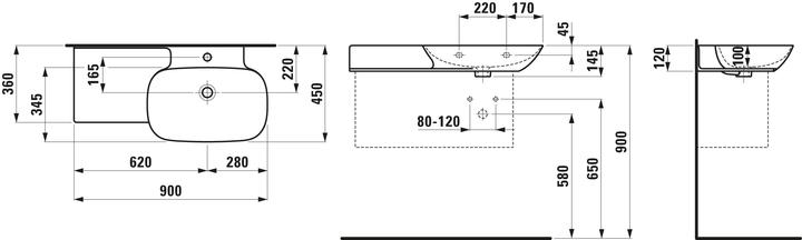 Produktbild Laufen INO Waschtisch, 1 Hahnloch, ohne Überlauf, Keramikablage links, 900x450mm, H813301 (915 mm, 180 mm)