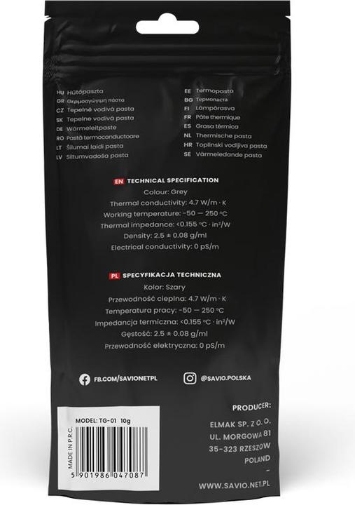 Produktbild Savio Wärmeleitpaste TG01 4 7 WmK 4 g (4.70 W/m K, 4 g)