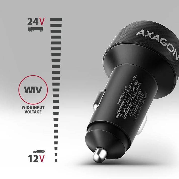 Produktbild Axagon PWC-PQ48, nabíječka do auta 48W, výstup USB-A + USB-C, PD3.0/PPS/QC4+/SFC/Apple