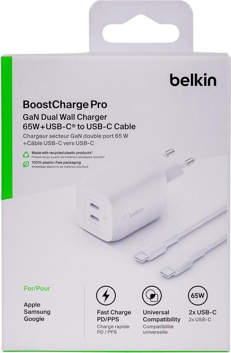 Actual product image Belkin Dual USB-C GaN Ladegerät mit Power Deliver und PPS Technologie inkl. 2 Meter USB-C Kabel (65 W)
