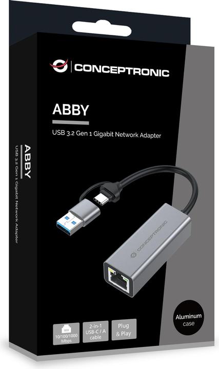 Produktbild Conceptronic Gigabit USB Networkadapter 10/100/1000Mbps gr (USB, RJ45 Gigabit Ethernet (1x))
