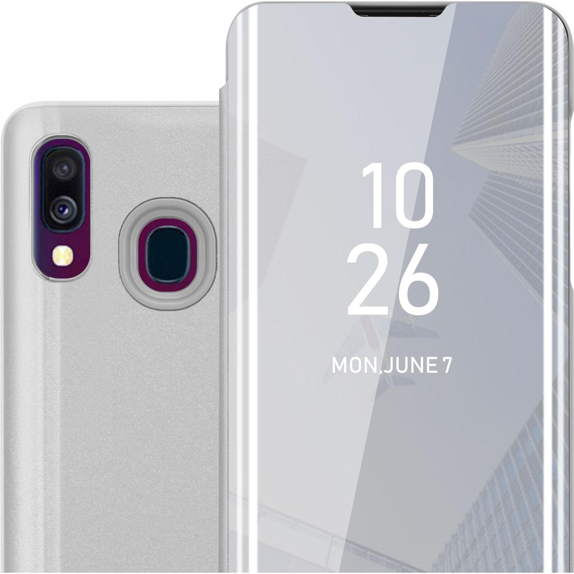 Cadorabo Book Smart View Spiegel Cover (Samsung Galaxy A40), Smartphone Hülle, Silber