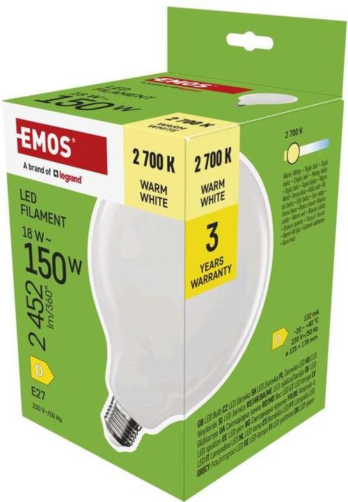 Actual product image Emos LED filament lamp G125 / E27 / 18 W (150 W) / 2452 lm / Warm white (E27, 2452 lm, 1x)
