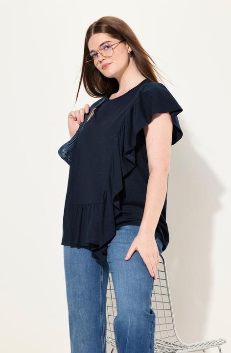 Immagine prodotto Ulla Popken T-shirt in cotone biologico con volant, scollo a girocollo e mezze maniche (54)