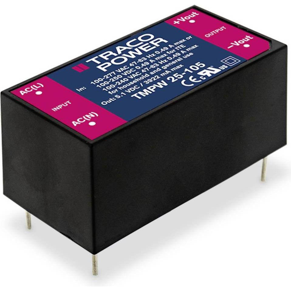 TracoPower, Spannungswandler, TMPW 25-105 AC/DC-Printnetzteil 3922 mA 25 W 5.1 V/DC 1 St.