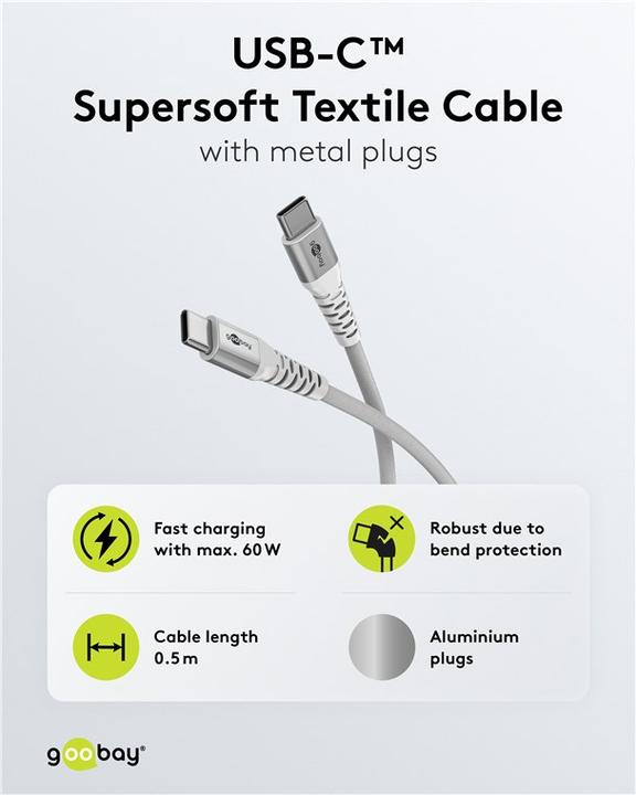 Immagine prodotto Goobay Cavo tessile da USB-C a USB-C con spine in metallo, 3 m, bianco (3 m, USB 2.0, 60 W)