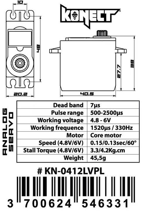 Valori nutrizionali e ingredienti Konect Servo standard 0412LVPL 4,2 kg, 0,13 s, digitale