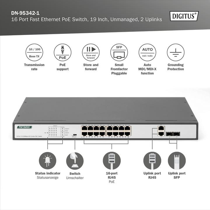 Immagine prodotto Digitus 16 Port Fast Ethernet PoE Switch, 19 Inch, Unmanaged, 2 Uplinks (16 porte)