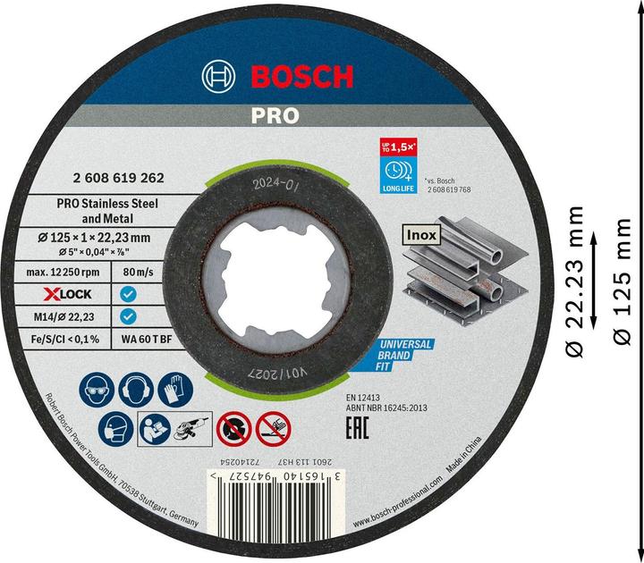 Immagine prodotto Bosch Professional Zubehör Disco da taglio PRO X-Lock in acciaio inox e metallo, 125 x 1 x 22,23 mm