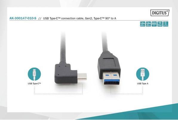 Actual product image Digitus USB Type-C™ connection cable, Gen2, Type-C™ 90° to A (1 m, USB 3.1)