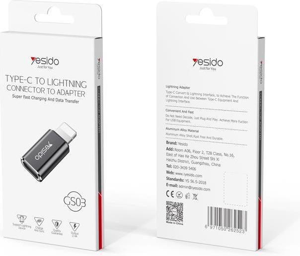 Actual product image Yesido - OTG Adapter (GS03) - Lightning to Type-C, Plug & Play, 480Mbps - Black (Lightning, USB-C)