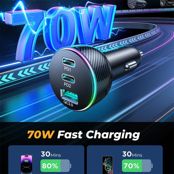 Actual product image Joyroom Multi-Color PD Car Charger with USB-A+ 2 x USB-C 70W - Black